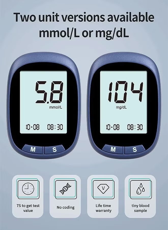ريماكس تتضمن مجموعة اختبار نسبة السكر في الدم 50 إبرة وخز، و50 شريط اختبار، و50 مسحة كحولية، وجهاز وخز واحد، وجهاز قياس نسبة السكر في الدم. مجموعة مراقبة نسبة السكر في الدم المنزلية، لا تتطلب ترميزًا. مجموعة اختبار مرض السكري - Image 2